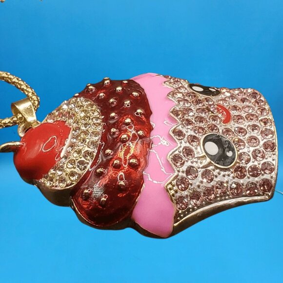 Cute Cupcake Pendant Necklace • Rhinestone Cherry Top • Gift Boxed Kawaii Jewelr - Picture 3 of 5
